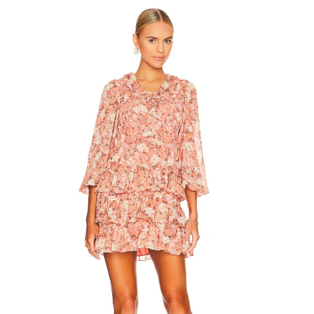 1. STATE V Neck Smocked Peach Floral Mini Spring Dress,NWT, Medium